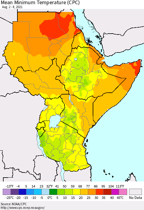 Eastern Africa Minimum Temperature (CPC) Thematic Map For 8/2/2021 - 8/8/2021