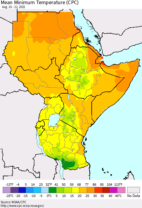 Eastern Africa Minimum Temperature (CPC) Thematic Map For 8/16/2021 - 8/22/2021