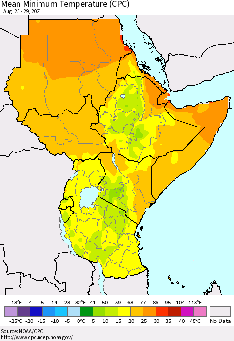 Eastern Africa Minimum Temperature (CPC) Thematic Map For 8/23/2021 - 8/29/2021
