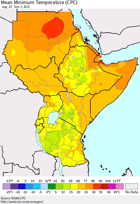 Eastern Africa Minimum Temperature (CPC) Thematic Map For 8/30/2021 - 9/5/2021