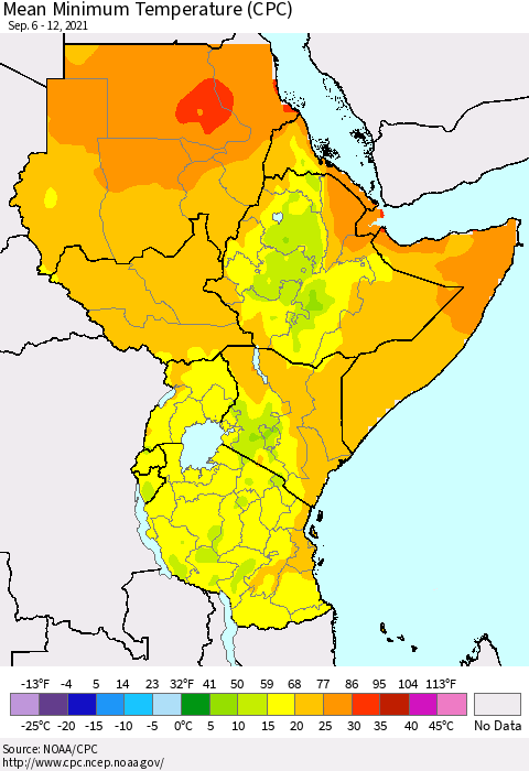 Eastern Africa Minimum Temperature (CPC) Thematic Map For 9/6/2021 - 9/12/2021