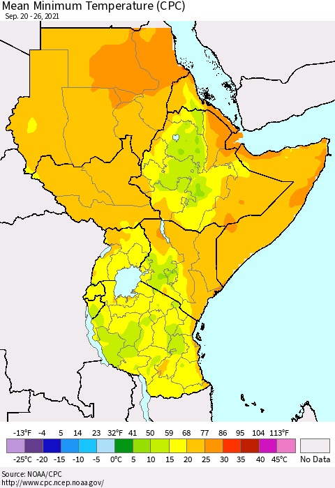 Eastern Africa Minimum Temperature (CPC) Thematic Map For 9/20/2021 - 9/26/2021