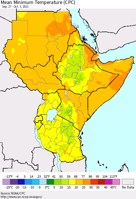 Eastern Africa Minimum Temperature (CPC) Thematic Map For 9/27/2021 - 10/3/2021
