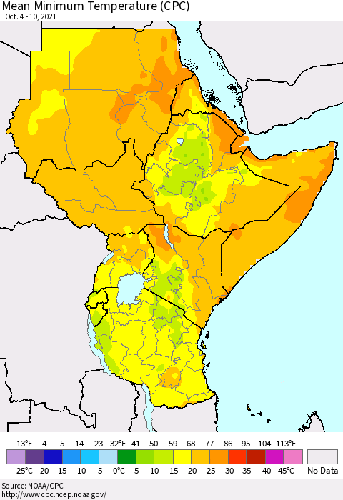 Eastern Africa Minimum Temperature (CPC) Thematic Map For 10/4/2021 - 10/10/2021