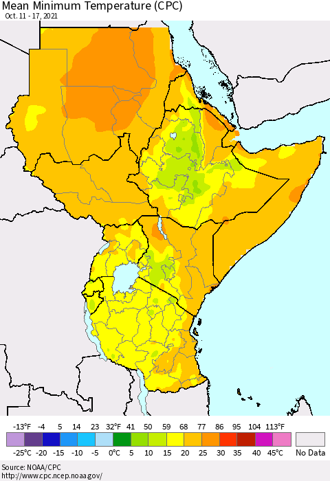 Eastern Africa Minimum Temperature (CPC) Thematic Map For 10/11/2021 - 10/17/2021