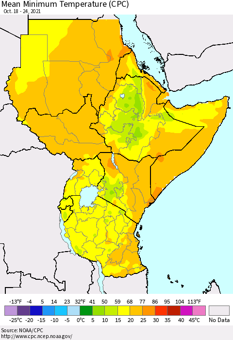 Eastern Africa Minimum Temperature (CPC) Thematic Map For 10/18/2021 - 10/24/2021