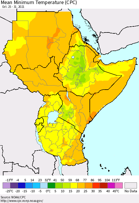 Eastern Africa Minimum Temperature (CPC) Thematic Map For 10/25/2021 - 10/31/2021