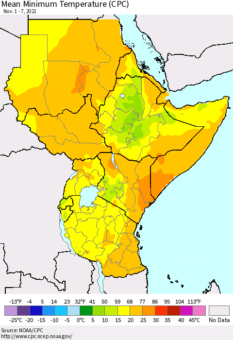 Eastern Africa Minimum Temperature (CPC) Thematic Map For 11/1/2021 - 11/7/2021