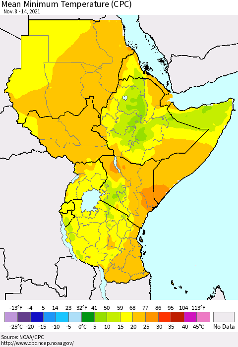 Eastern Africa Minimum Temperature (CPC) Thematic Map For 11/8/2021 - 11/14/2021