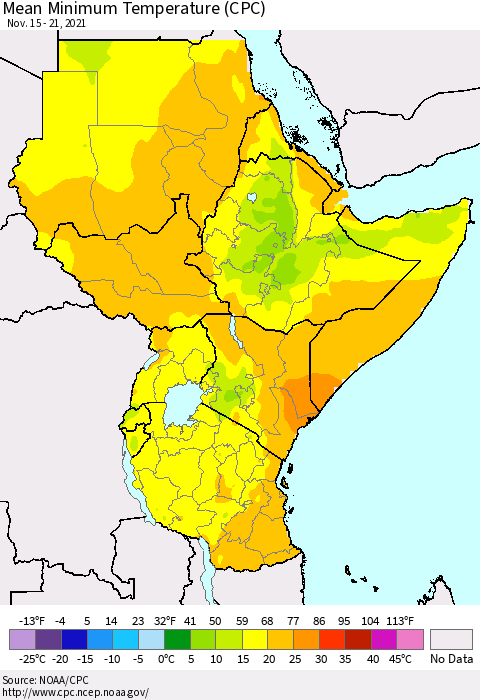 Eastern Africa Minimum Temperature (CPC) Thematic Map For 11/15/2021 - 11/21/2021