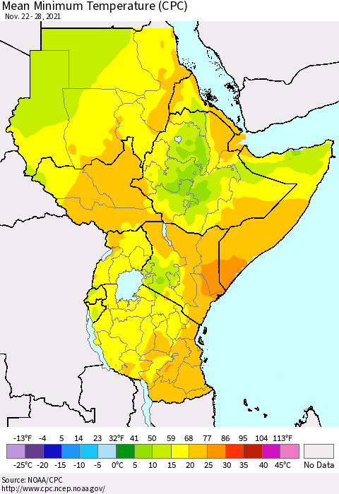 Eastern Africa Minimum Temperature (CPC) Thematic Map For 11/22/2021 - 11/28/2021