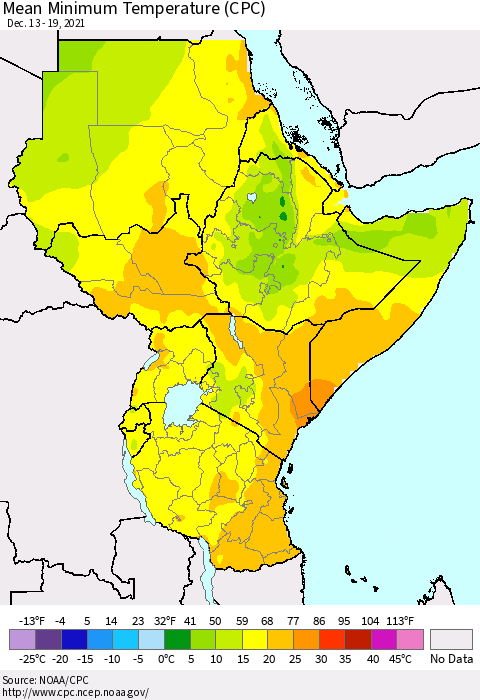 Eastern Africa Minimum Temperature (CPC) Thematic Map For 12/13/2021 - 12/19/2021