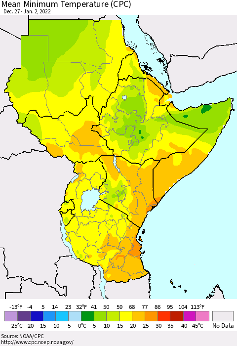 Eastern Africa Minimum Temperature (CPC) Thematic Map For 12/27/2021 - 1/2/2022