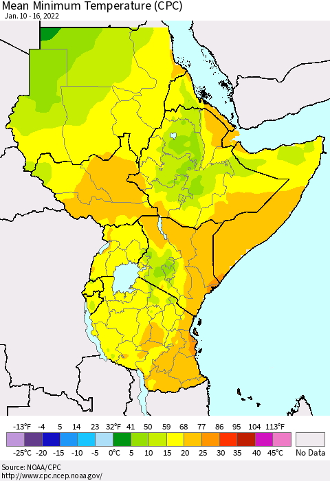 Eastern Africa Minimum Temperature (CPC) Thematic Map For 1/10/2022 - 1/16/2022