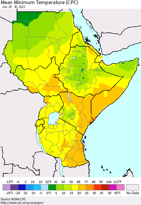 Eastern Africa Minimum Temperature (CPC) Thematic Map For 1/24/2022 - 1/30/2022