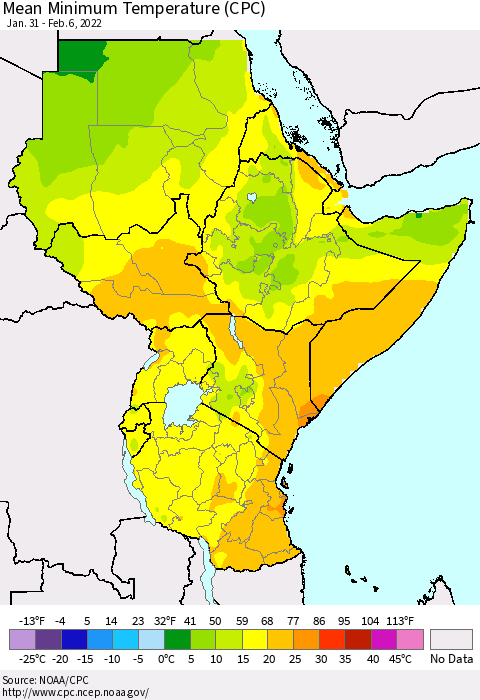 Eastern Africa Minimum Temperature (CPC) Thematic Map For 1/31/2022 - 2/6/2022