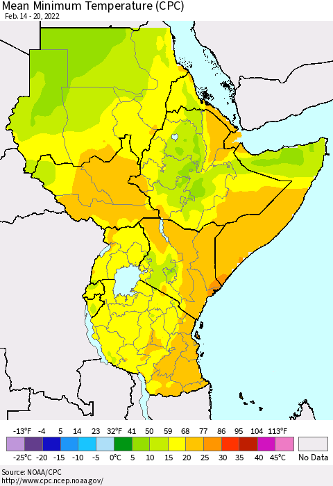 Eastern Africa Minimum Temperature (CPC) Thematic Map For 2/14/2022 - 2/20/2022