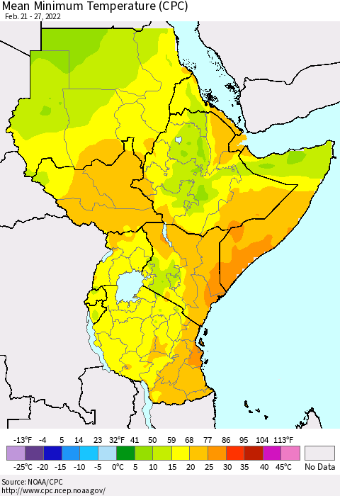 Eastern Africa Minimum Temperature (CPC) Thematic Map For 2/21/2022 - 2/27/2022