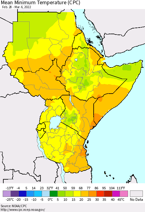 Eastern Africa Minimum Temperature (CPC) Thematic Map For 2/28/2022 - 3/6/2022