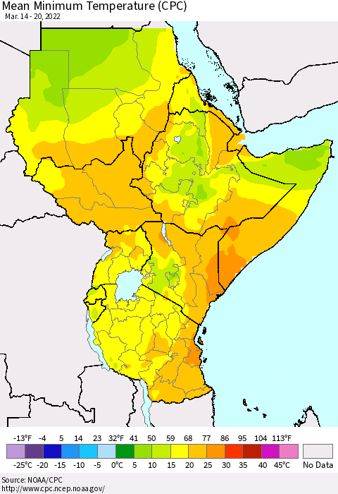 Eastern Africa Minimum Temperature (CPC) Thematic Map For 3/14/2022 - 3/20/2022