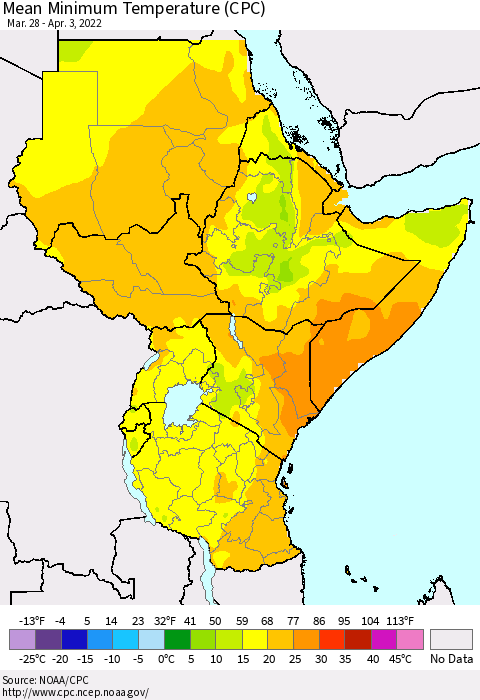 Eastern Africa Minimum Temperature (CPC) Thematic Map For 3/28/2022 - 4/3/2022