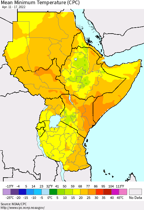 Eastern Africa Minimum Temperature (CPC) Thematic Map For 4/11/2022 - 4/17/2022