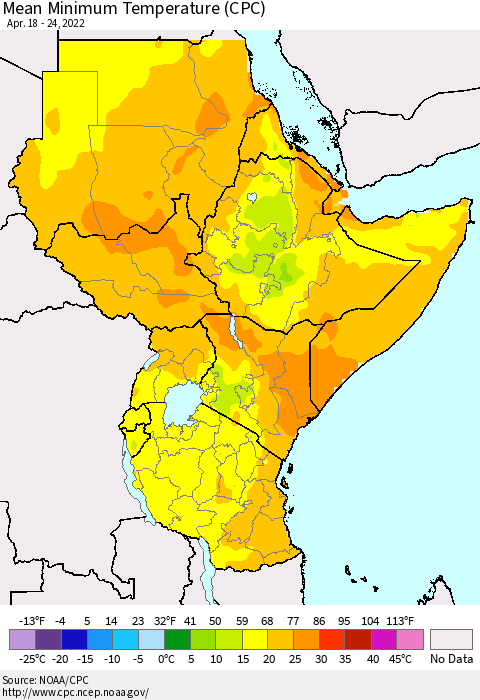 Eastern Africa Minimum Temperature (CPC) Thematic Map For 4/18/2022 - 4/24/2022