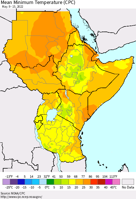 Eastern Africa Minimum Temperature (CPC) Thematic Map For 5/9/2022 - 5/15/2022