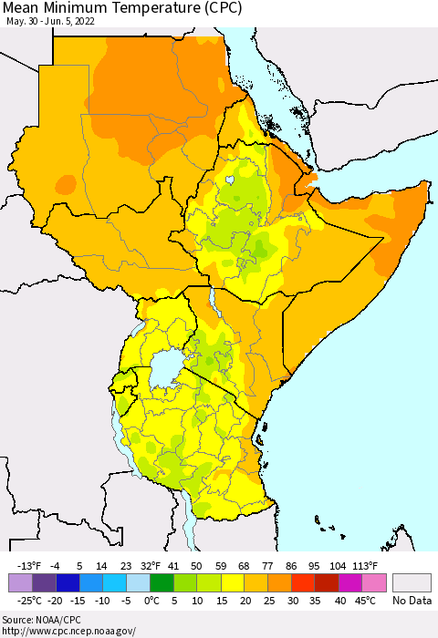 Eastern Africa Minimum Temperature (CPC) Thematic Map For 5/30/2022 - 6/5/2022