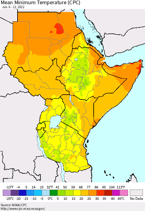 Eastern Africa Minimum Temperature (CPC) Thematic Map For 6/6/2022 - 6/12/2022