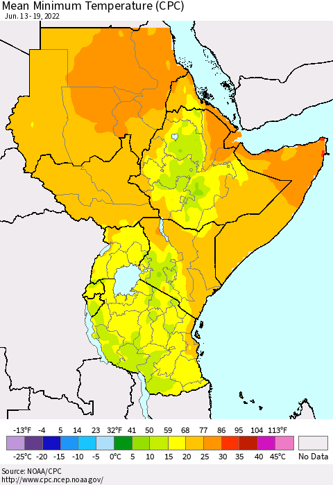 Eastern Africa Minimum Temperature (CPC) Thematic Map For 6/13/2022 - 6/19/2022