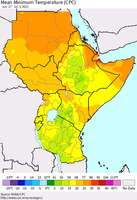 Eastern Africa Minimum Temperature (CPC) Thematic Map For 6/27/2022 - 7/3/2022
