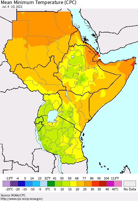 Eastern Africa Minimum Temperature (CPC) Thematic Map For 7/4/2022 - 7/10/2022
