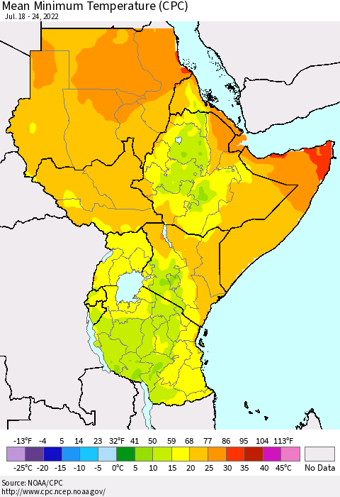 Eastern Africa Minimum Temperature (CPC) Thematic Map For 7/18/2022 - 7/24/2022