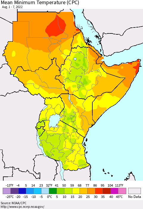 Eastern Africa Minimum Temperature (CPC) Thematic Map For 8/1/2022 - 8/7/2022