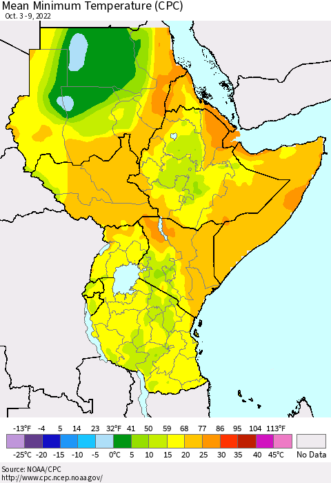 Eastern Africa Mean Minimum Temperature (CPC) Thematic Map For 10/3/2022 - 10/9/2022