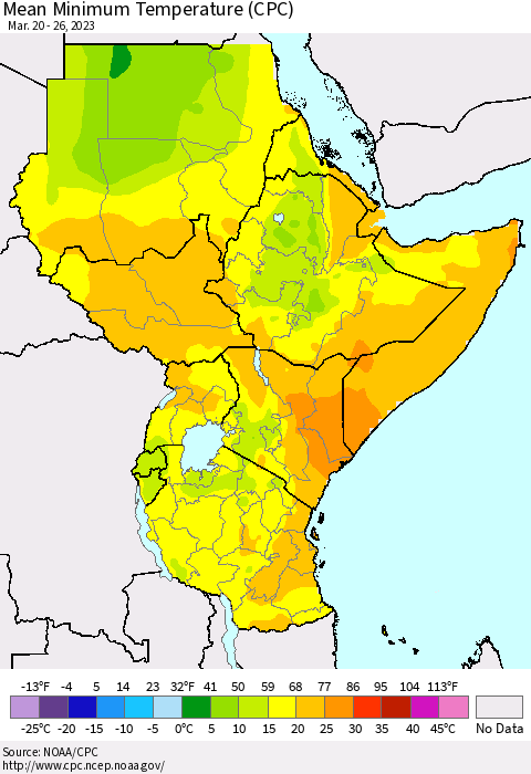 Eastern Africa Mean Minimum Temperature (CPC) Thematic Map For 3/20/2023 - 3/26/2023
