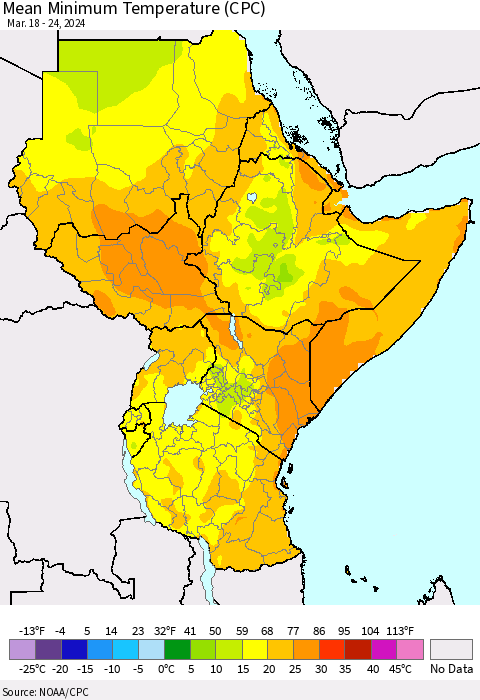 Eastern Africa Mean Minimum Temperature (CPC) Thematic Map For 3/18/2024 - 3/24/2024