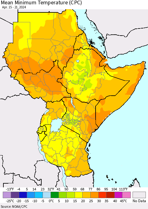 Eastern Africa Mean Minimum Temperature (CPC) Thematic Map For 4/15/2024 - 4/21/2024