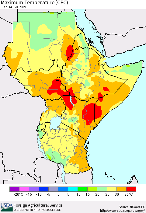 Eastern Africa Mean Maximum Temperature (CPC) Thematic Map For 1/14/2019 - 1/20/2019