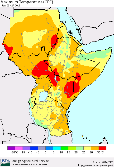 Eastern Africa Mean Maximum Temperature (CPC) Thematic Map For 1/21/2019 - 1/27/2019