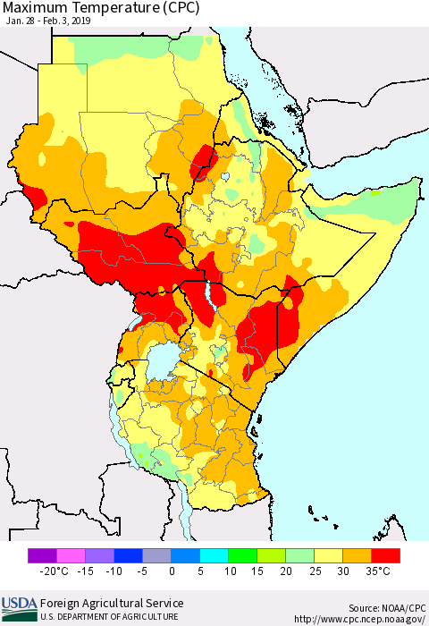 Eastern Africa Mean Maximum Temperature (CPC) Thematic Map For 1/28/2019 - 2/3/2019