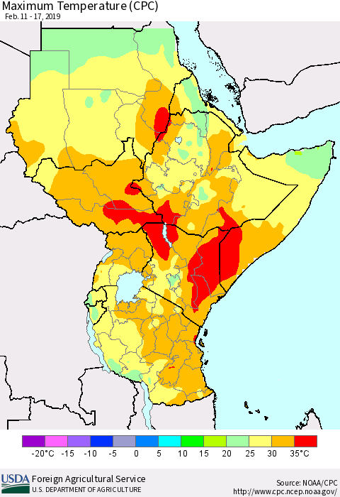 Eastern Africa Mean Maximum Temperature (CPC) Thematic Map For 2/11/2019 - 2/17/2019