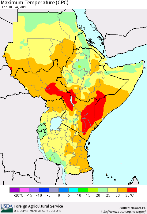 Eastern Africa Mean Maximum Temperature (CPC) Thematic Map For 2/18/2019 - 2/24/2019