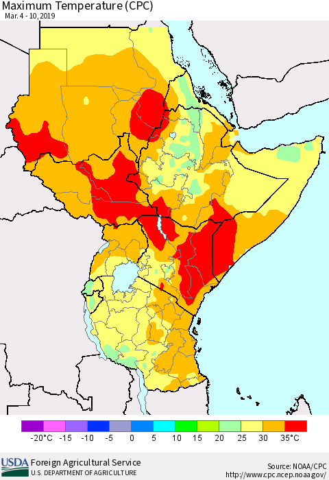 Eastern Africa Mean Maximum Temperature (CPC) Thematic Map For 3/4/2019 - 3/10/2019