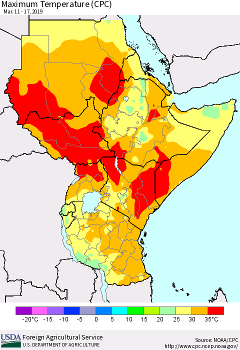 Eastern Africa Mean Maximum Temperature (CPC) Thematic Map For 3/11/2019 - 3/17/2019