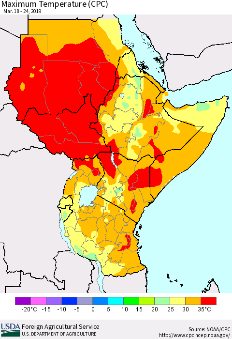 Eastern Africa Mean Maximum Temperature (CPC) Thematic Map For 3/18/2019 - 3/24/2019