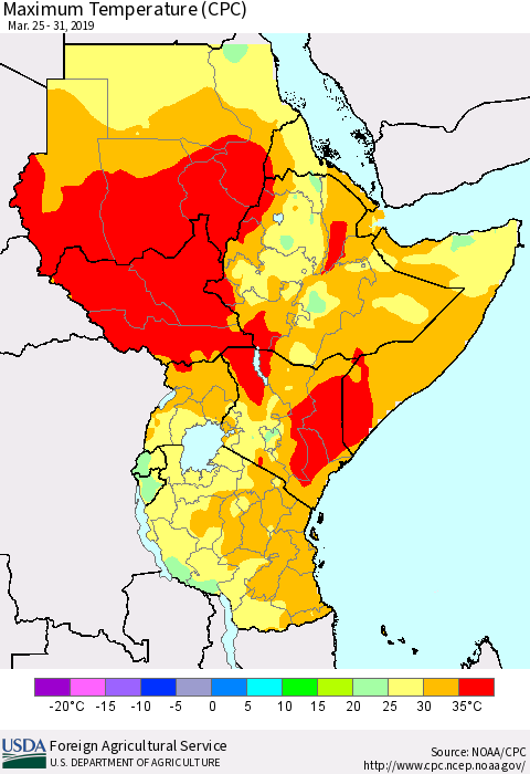 Eastern Africa Mean Maximum Temperature (CPC) Thematic Map For 3/25/2019 - 3/31/2019