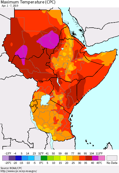 Eastern Africa Mean Maximum Temperature (CPC) Thematic Map For 4/1/2019 - 4/7/2019