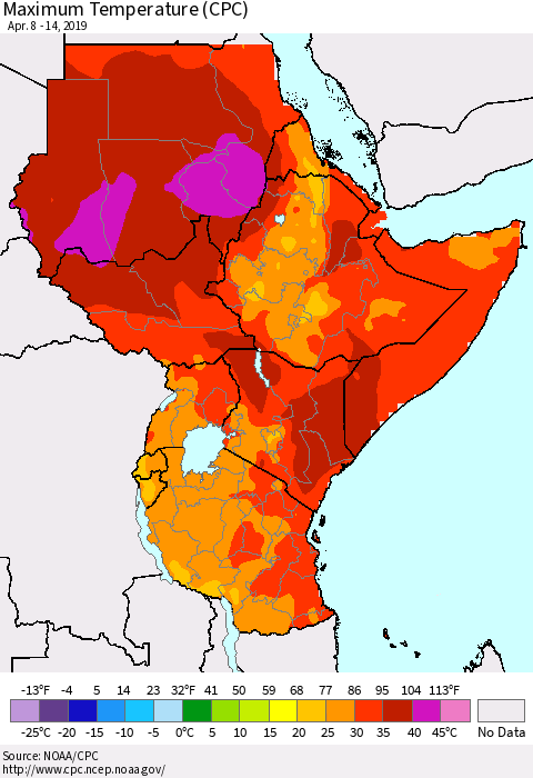 Eastern Africa Mean Maximum Temperature (CPC) Thematic Map For 4/8/2019 - 4/14/2019